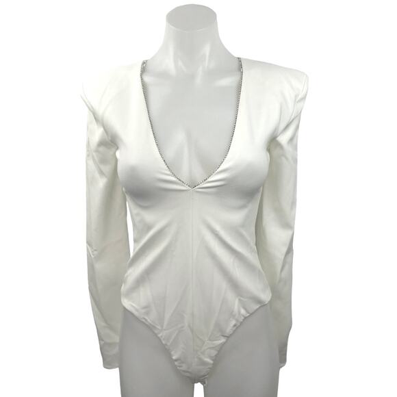 ZARA White V-Neck Long Sleeve Dramatic Shoulder Pads One Piece Bodysuit Top XS - Picture 1 of 3